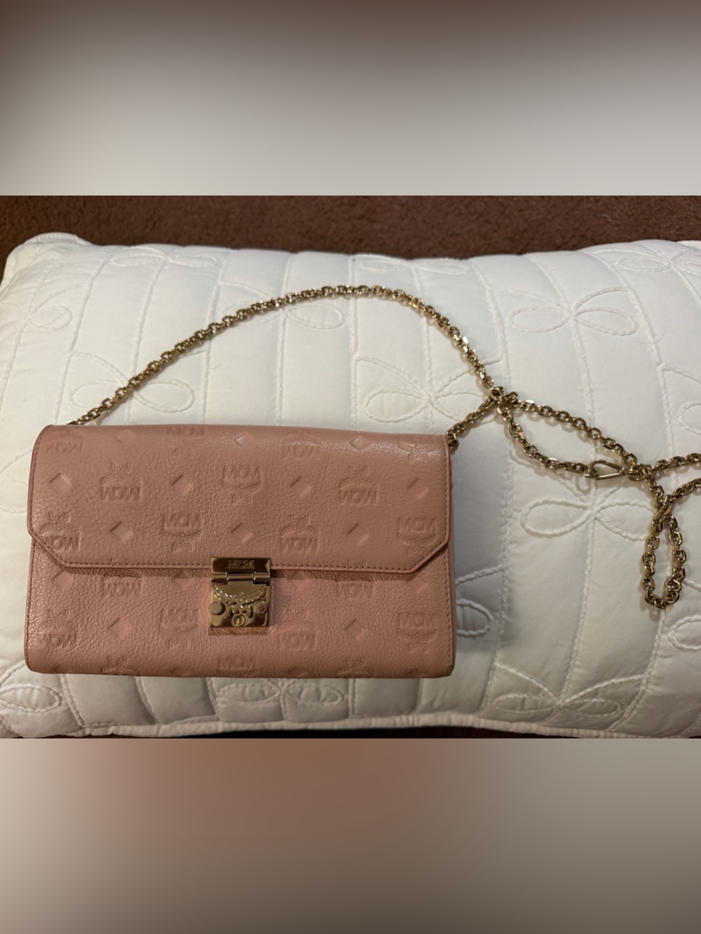 MCM Blush Pink Leather Chain Crossbody Bag with Gold Hardware